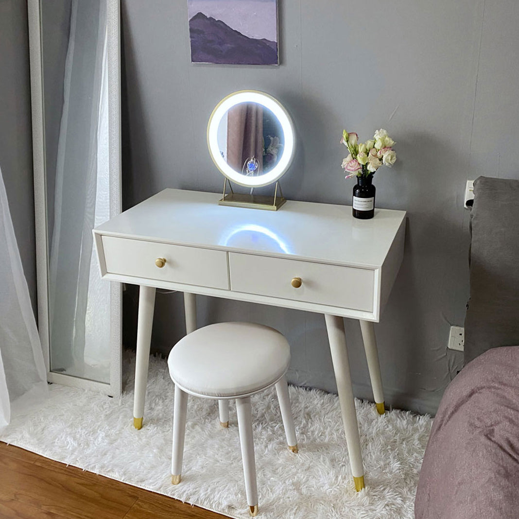 Dressing Table Made of White Solid Wood with 2 Drawers and 1 White Stool