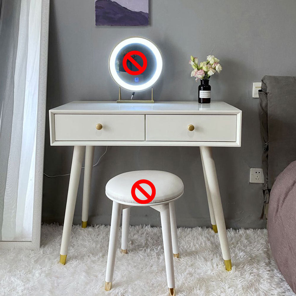 Kledingtafel gemaakt van wit massief hout met 2 laden en 1 witte ontlasting