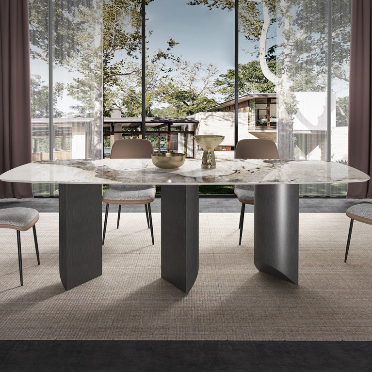 Tavolo da tavola in pietra sinterizzata da rettangolo moderno tavolo da base in metallo grigio