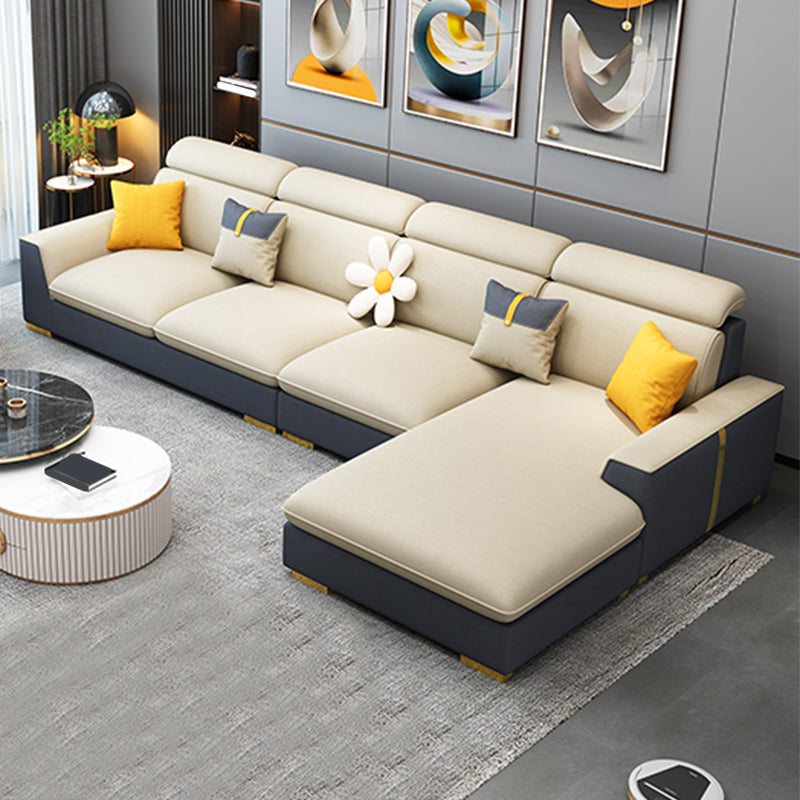 Nordic Grey and Beige Sofa Faux Leather Square Sewn Pillow Back Sofa 130"L x 69"W x 35"H Clearhalo 'furn' 'furn_sectionals' 'Furniture' 'Living Room Furniture' 'Sectionals' 5484539