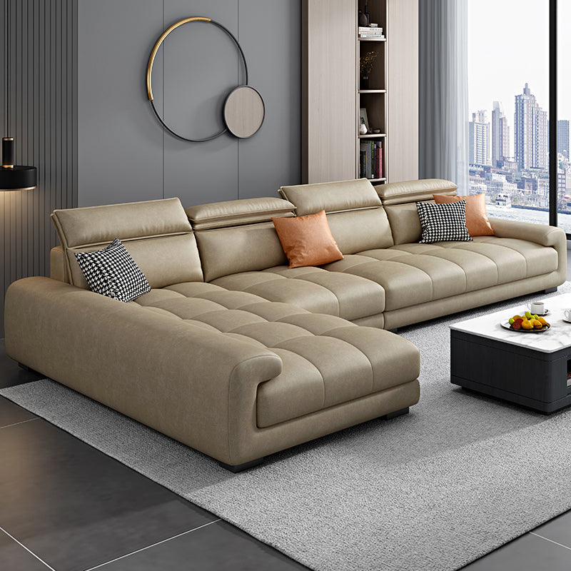 Modern 39.3"H Faux Leather Pillow Top Arm Sofa & Chaise for Living Room Khaki Left Clearhalo 'furn' 'furn_sectionals' 'Furniture' 'Living Room Furniture' 'Sectionals' 5484634