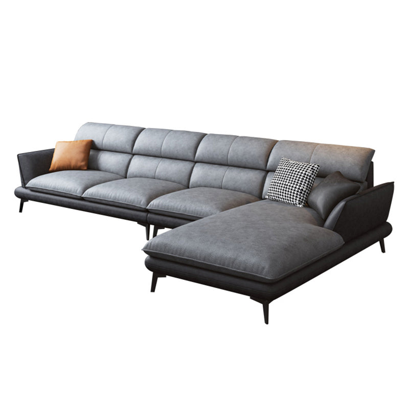 Flared Arm Sofa & Chaise Modern Faux Leather Sofa in Dark Grey 142"L x 67"W x 35"H Right Clearhalo 'furn' 'furn_sectionals' 'Furniture' 'Living Room Furniture' 'Sectionals' 5484682