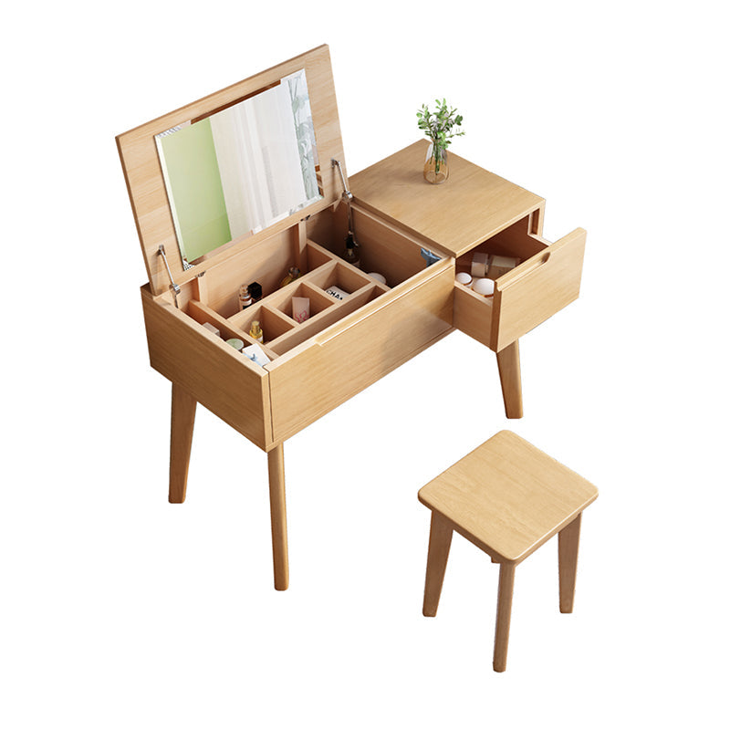 Scandinavian Wood Vanity and Stool Dressing Table with Storage