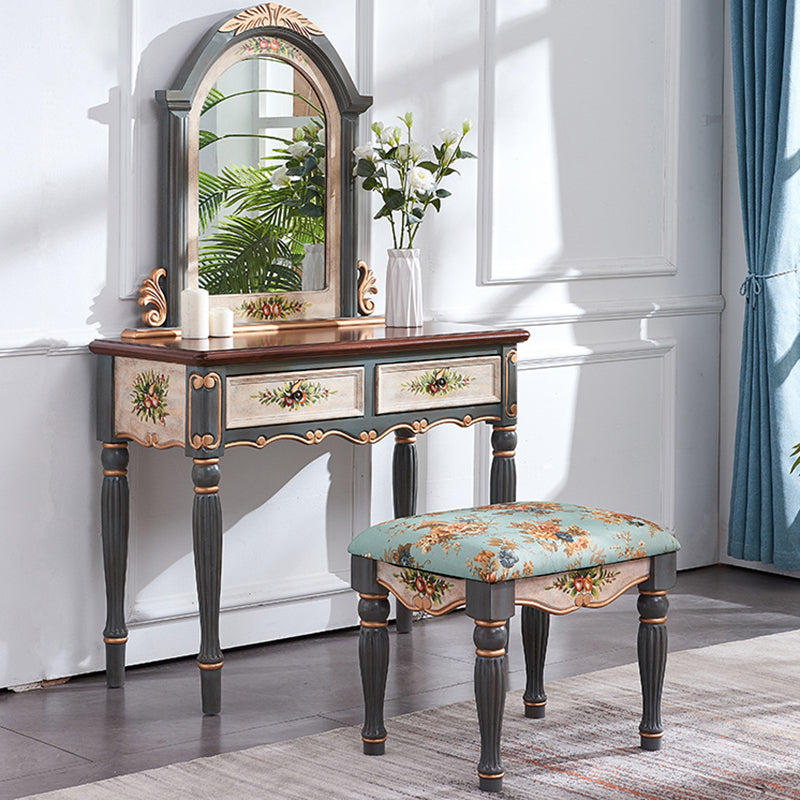 Victorian Wood Vanity Set with Stool and Mirror in Antique Oak Vanity Makeup Vanity & Mirror & Stools Green Clearhalo 'Bedroom Furniture' 'furn' 'furn_makeup_vanities' 'Furniture' 'Makeup Vanities' 'makeup_vanities' 5489547