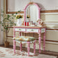 Victorian Wood Vanity Set with Stool and Mirror in Antique Oak Vanity Makeup Vanity & Mirror & Stools Pink Clearhalo 'Bedroom Furniture' 'furn' 'furn_makeup_vanities' 'Furniture' 'Makeup Vanities' 'makeup_vanities' 5489549