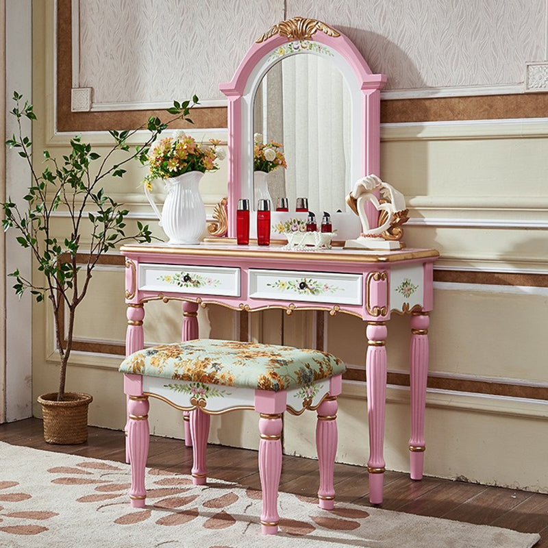 Victorian Wood Vanity Set with Stool and Mirror in Antique Oak Vanity Makeup Vanity & Mirror & Stools Pink Clearhalo 'Bedroom Furniture' 'furn' 'furn_makeup_vanities' 'Furniture' 'Makeup Vanities' 'makeup_vanities' 5489549