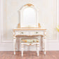 Victorian Wood Vanity Set with Stool and Mirror in Antique Oak Vanity Makeup Vanity & Mirror & Stools Off-White Clearhalo 'Bedroom Furniture' 'furn' 'furn_makeup_vanities' 'Furniture' 'Makeup Vanities' 'makeup_vanities' 5489555
