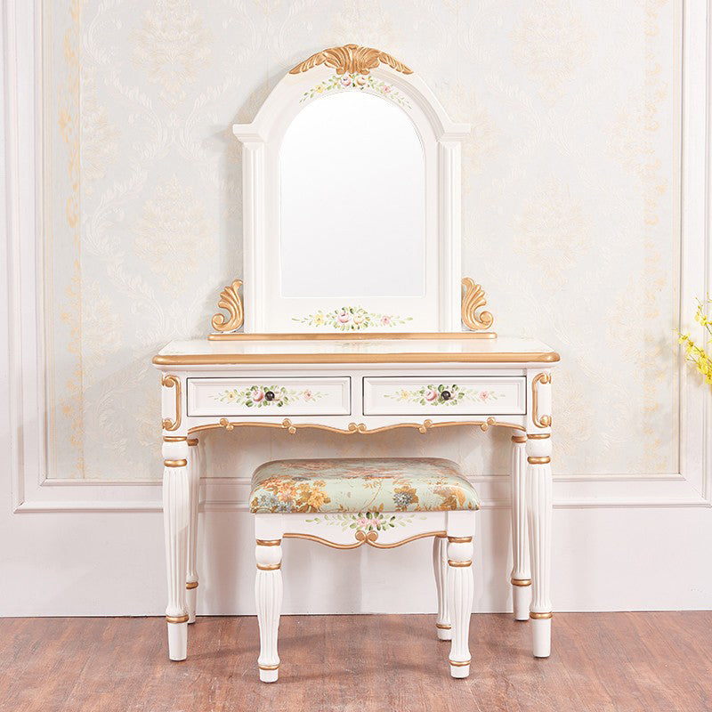 Victorian Wood Vanity Set with Stool and Mirror in Antique Oak Vanity Makeup Vanity & Mirror & Stools Off-White Clearhalo 'Bedroom Furniture' 'furn' 'furn_makeup_vanities' 'Furniture' 'Makeup Vanities' 'makeup_vanities' 5489555