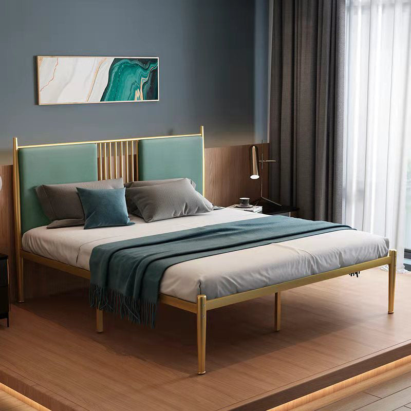Iron Frame Standard Bed with Rectangular Faux Leather Headboard Blue Bed & Mattress Clearhalo 'Bedroom Furniture' 'Beds' 'furn' 'furn_beds' 'Furniture' 5489625