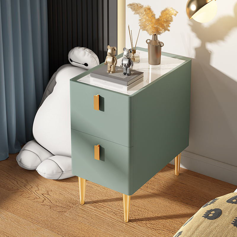 Glam Glam Rectangular Stone Top Night Table Table Cuir de 2 Drawer Tablette de nuit avec 4 jambes