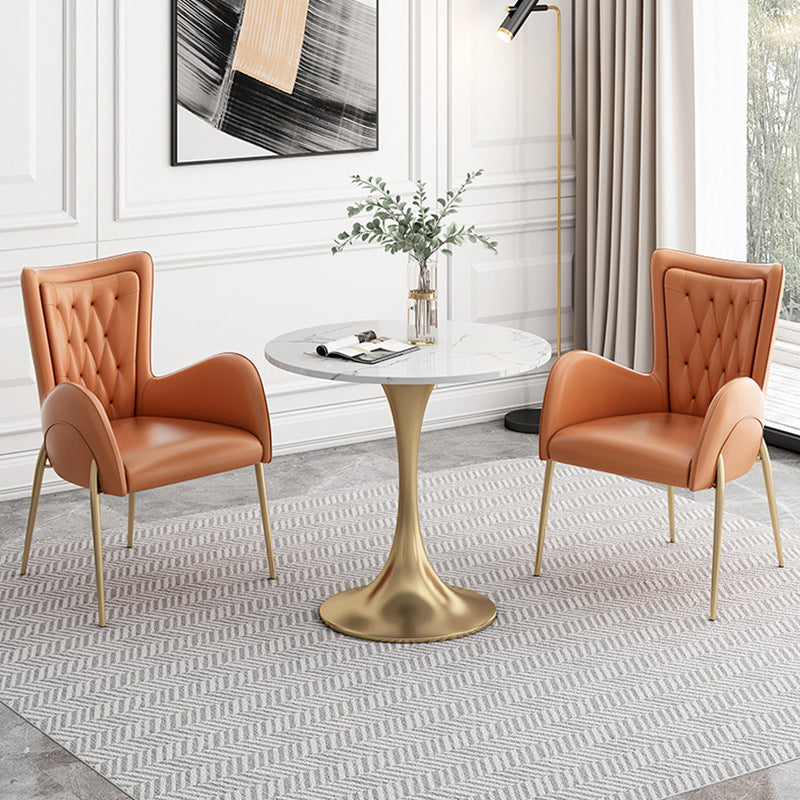 Glam Sintered Stone Dining Table Set Round 1/2/3/5 Pieces Dining Set 3 Pieces: White Table, 2 Orange Chairs Clearhalo 'Dining Room Sets' 'Dining Tables & Seating' 'dining_room_set' 'furn' 'furn_dining_room_set' 'Furniture' 'Kitchen & Dining Furniture' 5491584