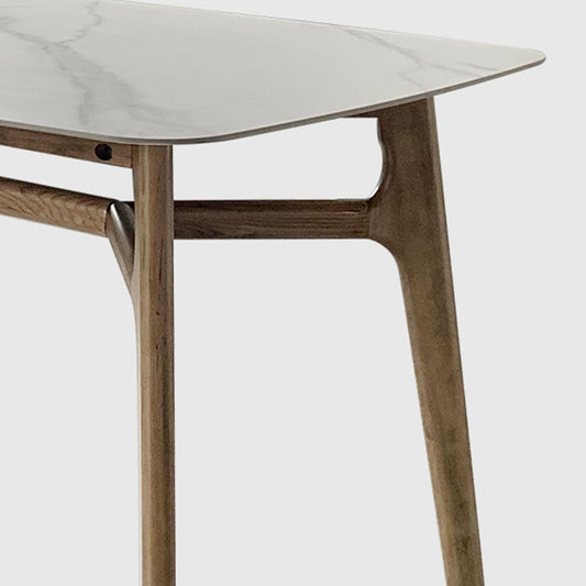 White Stone Top Table Mid-Century Modern Table with 4 Wood Legs