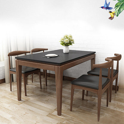 Black Stone Top Dining Table Mid-Century Modern Dining Table with 4 Wood Legs Brown 51.2"L x 31.5"W x 29.5"H Without Chairs