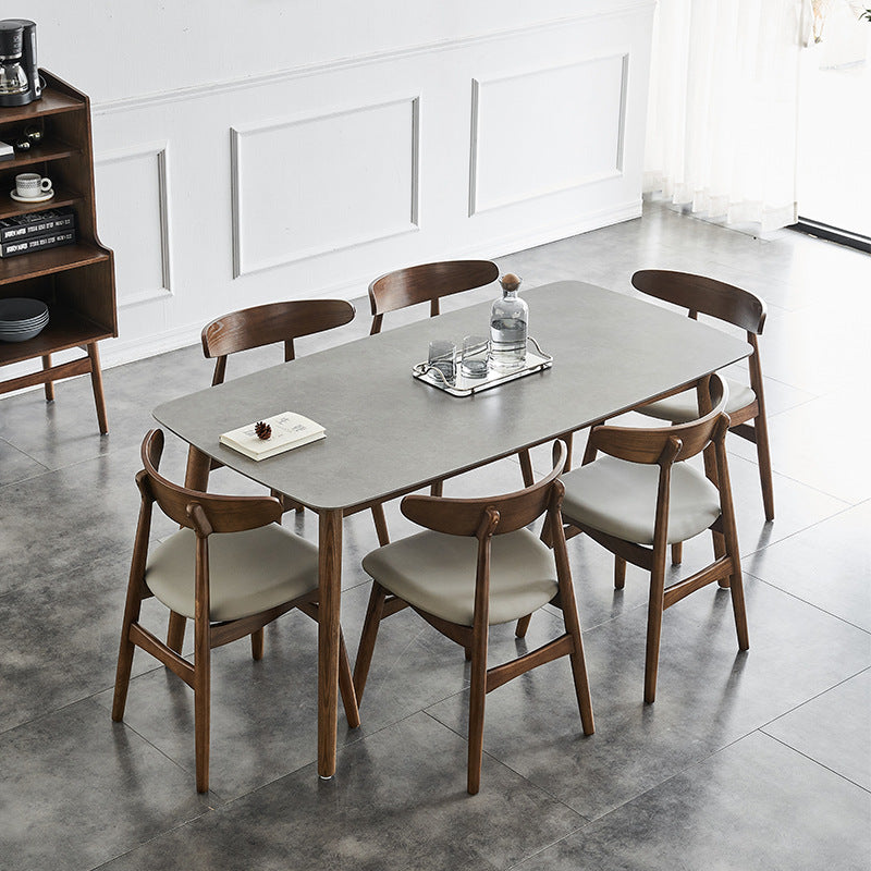 Gray Stone Top Dining Table Mid-Century Modern Table with 4 Wood Legs