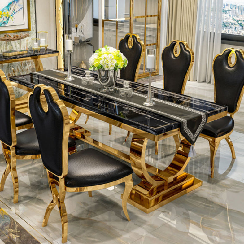Stainless Steel Traditional Luxury Rectangle Table Marble Top Table with Trestle Base Black 55.1"L x 31.5"W x 29.5"H Without Chairs Clearhalo 'Dining Tables & Seating' 'Dining Tables' 'dining_table' 'furn' 'furn_dining_table' 'Furniture' 'Kitchen & Dining Furniture' 5491848