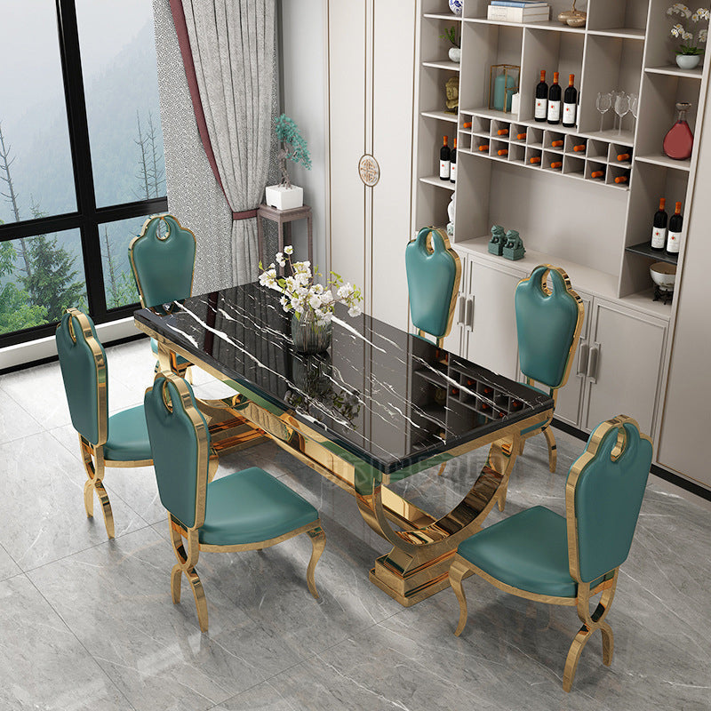 Stainless Steel Traditional Luxury Rectangle Table Marble Top Table with Trestle Base Black 63"L x 35.4"W x 29.5"H Without Chairs Clearhalo 'Dining Tables & Seating' 'Dining Tables' 'dining_table' 'furn' 'furn_dining_table' 'Furniture' 'Kitchen & Dining Furniture' 5491850