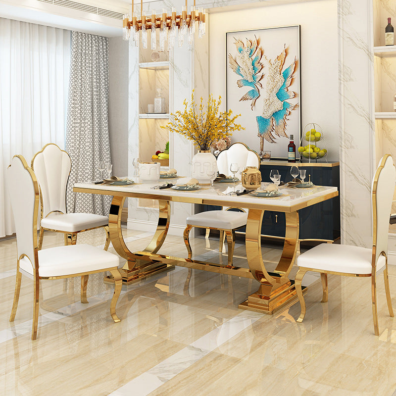 Stainless Steel Traditional Luxury Rectangle Table Marble Top Table with Trestle Base White 63"L x 35.4"W x 29.5"H Without Chairs Clearhalo 'Dining Tables & Seating' 'Dining Tables' 'dining_table' 'furn' 'furn_dining_table' 'Furniture' 'Kitchen & Dining Furniture' 5491851
