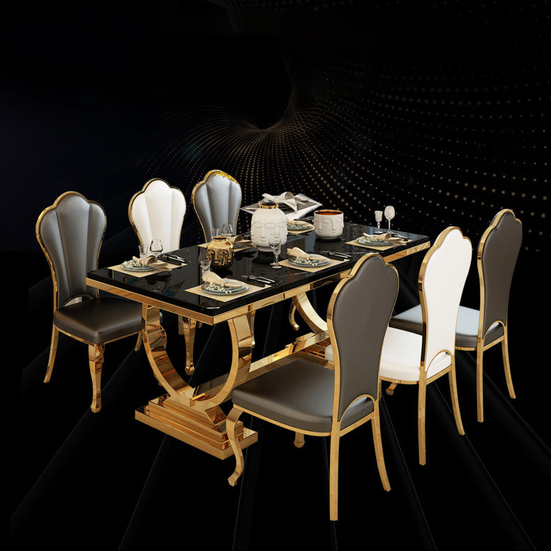 Stainless Steel Traditional Luxury Rectangle Table Marble Top Table with Trestle Base Clearhalo 'Dining Tables & Seating' 'Dining Tables' 'dining_table' 'furn' 'furn_dining_table' 'Furniture' 'Kitchen & Dining Furniture' 5491854
