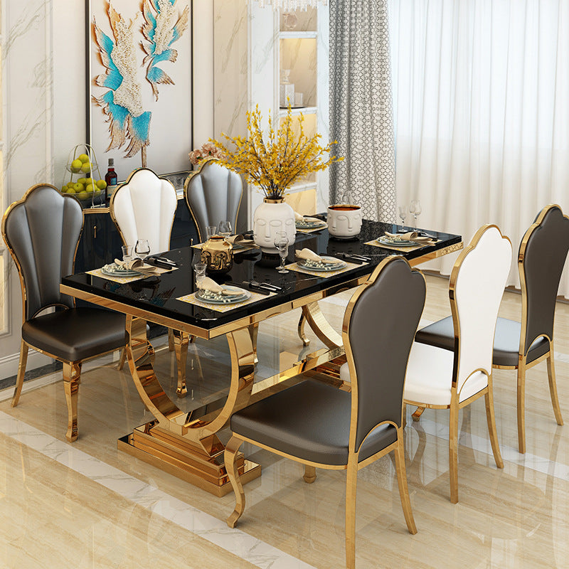 Stainless Steel Traditional Luxury Rectangle Table Marble Top Table with Trestle Base Clearhalo 'Dining Tables & Seating' 'Dining Tables' 'dining_table' 'furn' 'furn_dining_table' 'Furniture' 'Kitchen & Dining Furniture' 5491855