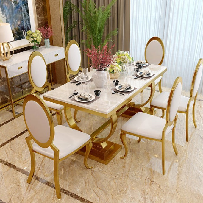 Stainless Steel Traditional Luxury Rectangle Table Marble Top Table with Trestle Base Clearhalo 'Dining Tables & Seating' 'Dining Tables' 'dining_table' 'furn' 'furn_dining_table' 'Furniture' 'Kitchen & Dining Furniture' 5491859