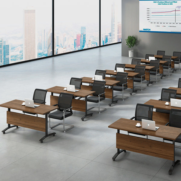 Moderna scrivania in legno fabbricato con ruote rettangolari marroni rettangolare