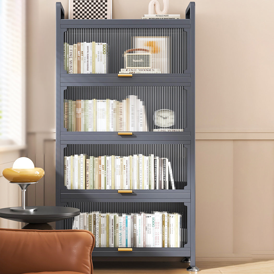 Modern Stainless Steel Bookcase, Grey, Geometric Bookshelf for Any Room with Door