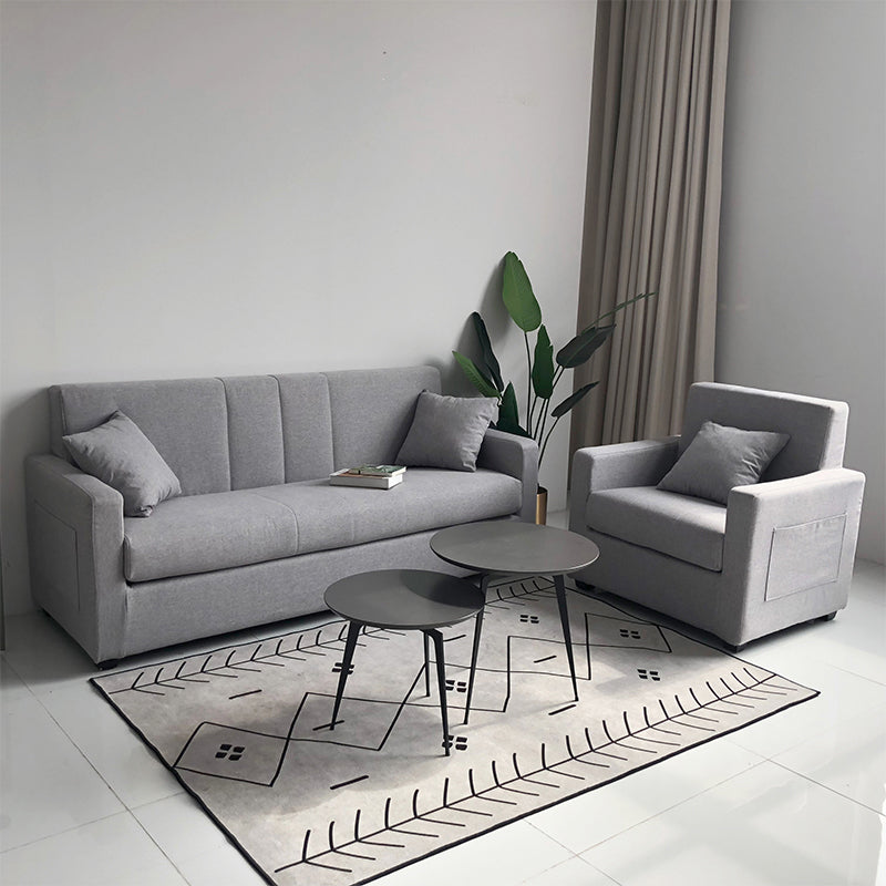 Salon contemporain biscuit arrière carré bras argent canapé stationnaire