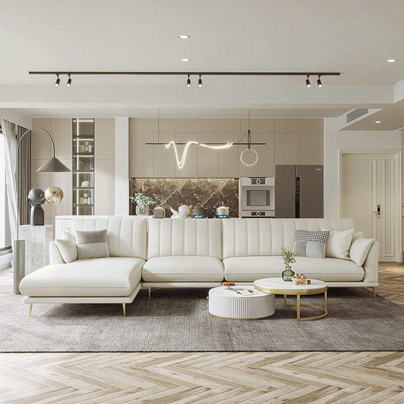 Sloped Arm Sofa with Chaise in White Sewn Pillow Back Faux Leather Sofa - 68.9" D