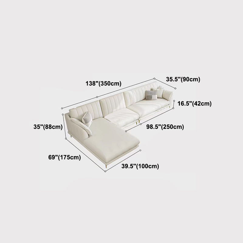 Sloped Arm Sofa with Chaise in White Sewn Pillow Back Faux Leather Sofa - 68.9" D