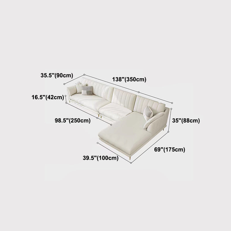 Sloped Arm Sofa with Chaise in White Sewn Pillow Back Faux Leather Sofa - 68.9" D