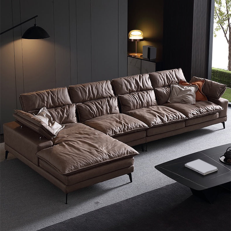 Modern Style Sofa Bed Imitation Leather Material Grey/khaki/coffee Feather Padded Sofa 138"L x 69"W x 36"H Coffee Left Clearhalo 'furn' 'furn_sectionals' 'Furniture' 'Living Room Furniture' 'Sectionals' 5500945