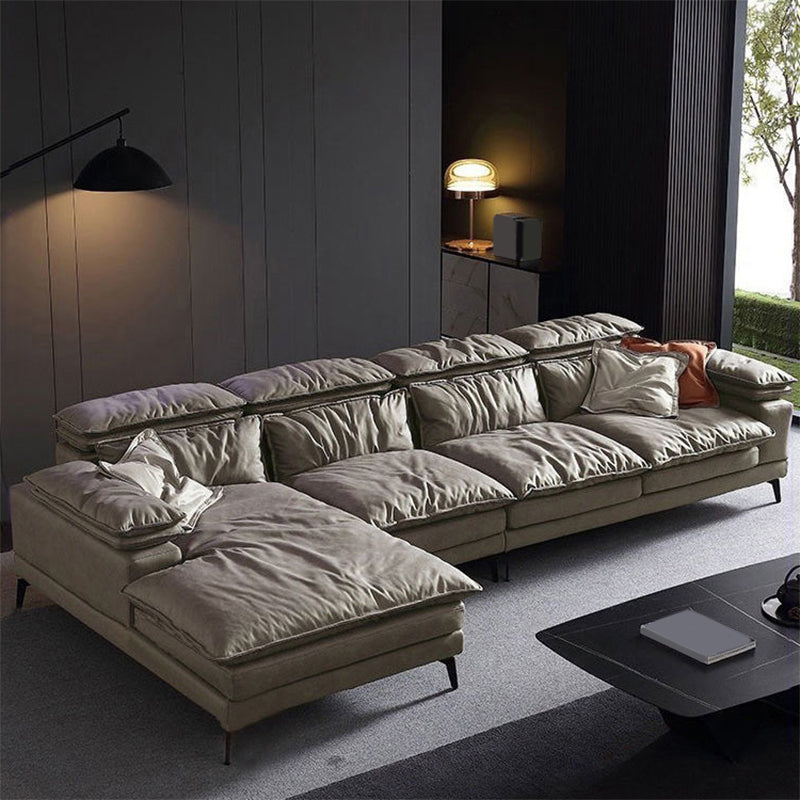 Modern Style Sofa Bed Imitation Leather Material Grey/khaki/coffee Feather Padded Sofa 138"L x 69"W x 36"H Khaki Left Clearhalo 'furn' 'furn_sectionals' 'Furniture' 'Living Room Furniture' 'Sectionals' 5500946