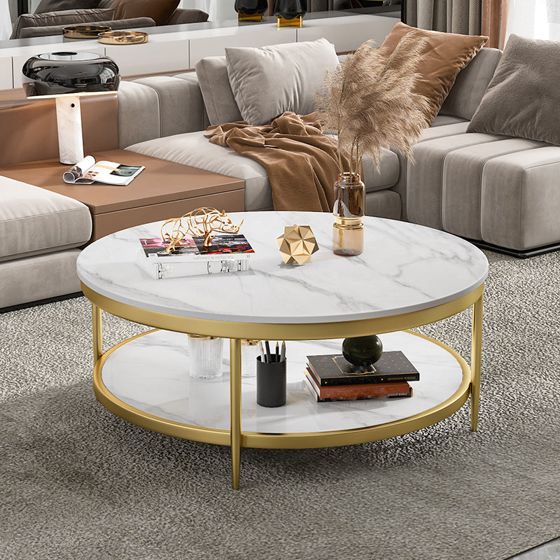 17.7" H Glam Round Slate Coffee Table Metal 4 Legs Cocktail Table with Shelf Gold Clearhalo 'Coffee & Accent Tables' 'Coffee Tables' 'coffee_tables' 'furn' 'furn_coffee_tables' 'Furniture' 'Living Room Furniture' 5502265