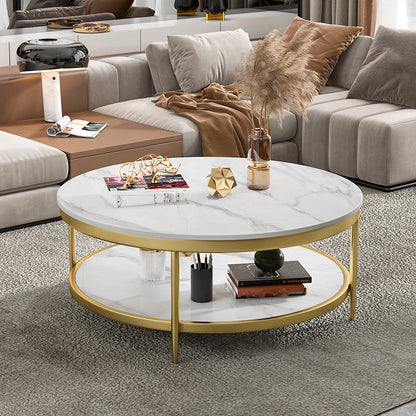 17.7" H Glam Round Slate Coffee Table Metal 4 Legs Cocktail Table with Shelf Gold Clearhalo 'Coffee & Accent Tables' 'Coffee Tables' 'coffee_tables' 'furn' 'furn_coffee_tables' 'Furniture' 'Living Room Furniture' 5502265