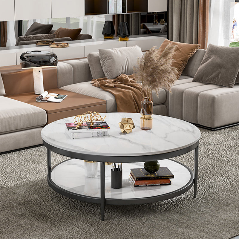 17.7" H Glam Round Slate Coffee Table Metal 4 Legs Cocktail Table with Shelf Black Clearhalo 'Coffee & Accent Tables' 'Coffee Tables' 'coffee_tables' 'furn' 'furn_coffee_tables' 'Furniture' 'Living Room Furniture' 5502266