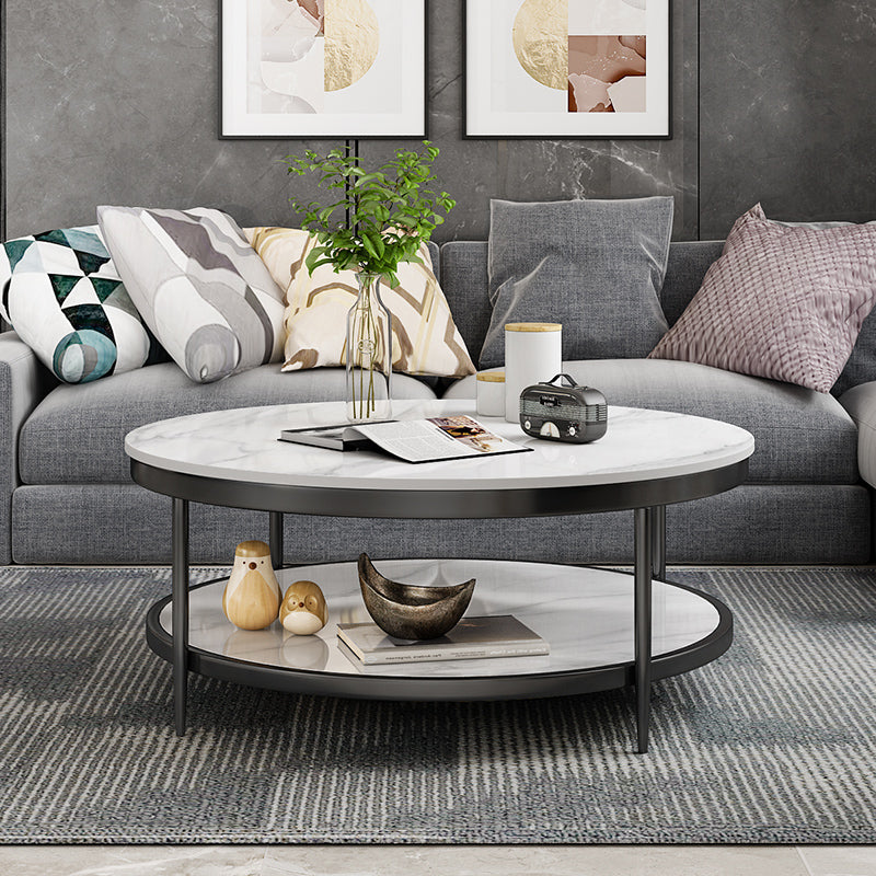 17.7" H Glam Round Slate Coffee Table Metal 4 Legs Cocktail Table with Shelf Clearhalo 'Coffee & Accent Tables' 'Coffee Tables' 'coffee_tables' 'furn' 'furn_coffee_tables' 'Furniture' 'Living Room Furniture' 5502268