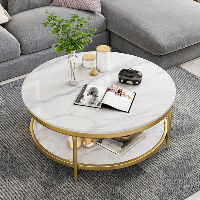 17.7" H Glam Round Slate Coffee Table Metal 4 Legs Cocktail Table with Shelf Clearhalo 'Coffee & Accent Tables' 'Coffee Tables' 'coffee_tables' 'furn' 'furn_coffee_tables' 'Furniture' 'Living Room Furniture' 5502269