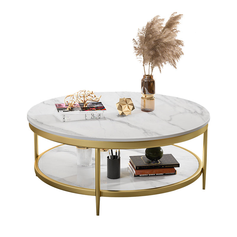17.7" H Glam Round Slate Coffee Table Metal 4 Legs Cocktail Table with Shelf Clearhalo 'Coffee & Accent Tables' 'Coffee Tables' 'coffee_tables' 'furn' 'furn_coffee_tables' 'Furniture' 'Living Room Furniture' 5502270