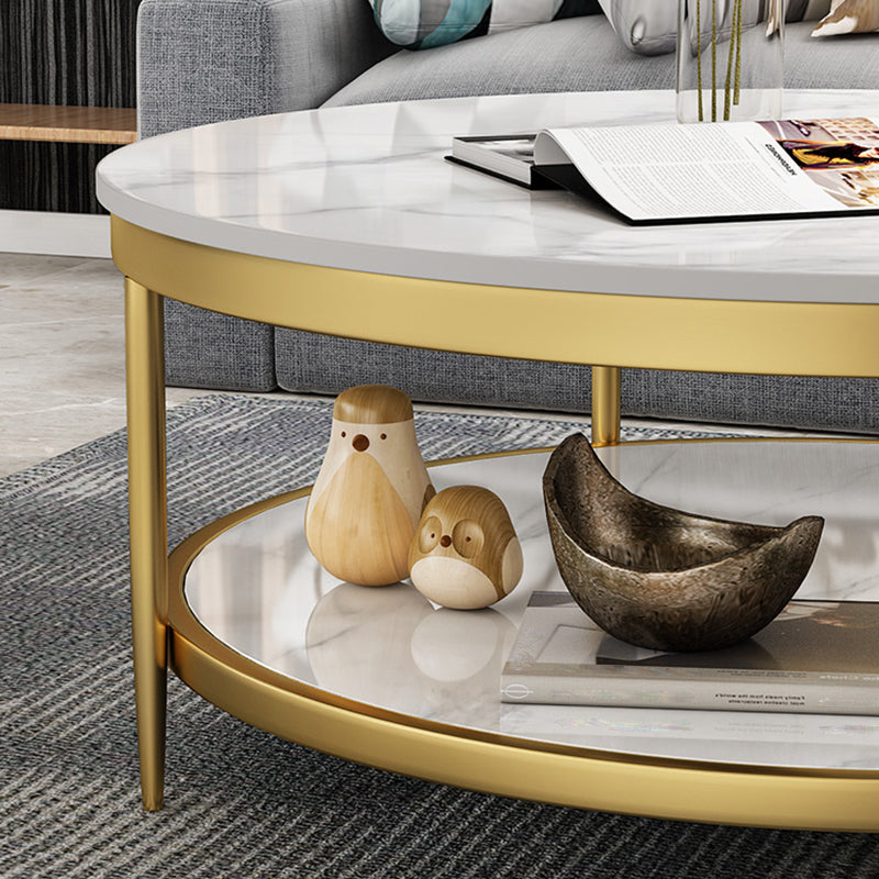17.7" H Glam Round Slate Coffee Table Metal 4 Legs Cocktail Table with Shelf Clearhalo 'Coffee & Accent Tables' 'Coffee Tables' 'coffee_tables' 'furn' 'furn_coffee_tables' 'Furniture' 'Living Room Furniture' 5502271