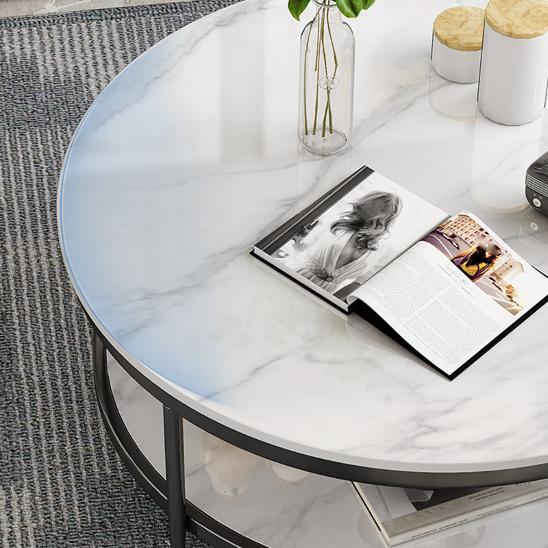 17.7" H Glam Round Slate Coffee Table Metal 4 Legs Cocktail Table with Shelf Clearhalo 'Coffee & Accent Tables' 'Coffee Tables' 'coffee_tables' 'furn' 'furn_coffee_tables' 'Furniture' 'Living Room Furniture' 5502272