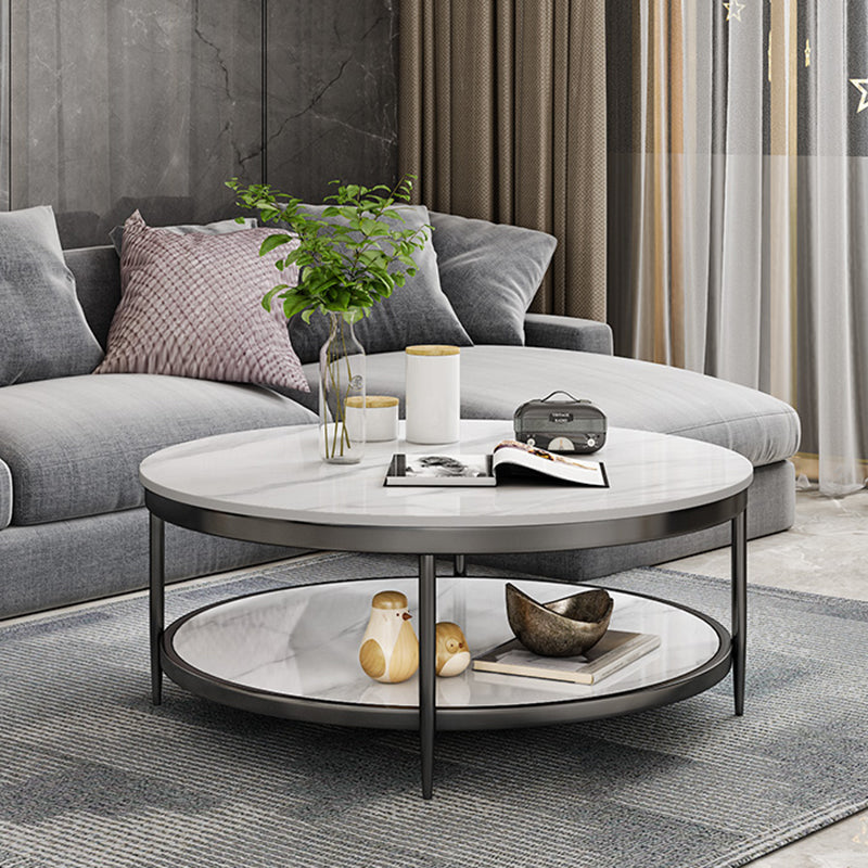 17.7" H Glam Round Slate Coffee Table Metal 4 Legs Cocktail Table with Shelf Clearhalo 'Coffee & Accent Tables' 'Coffee Tables' 'coffee_tables' 'furn' 'furn_coffee_tables' 'Furniture' 'Living Room Furniture' 5502274