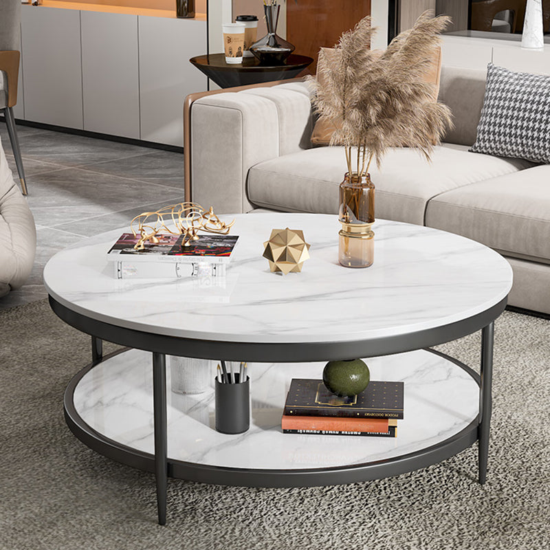 17.7" H Glam Round Slate Coffee Table Metal 4 Legs Cocktail Table with Shelf Clearhalo 'Coffee & Accent Tables' 'Coffee Tables' 'coffee_tables' 'furn' 'furn_coffee_tables' 'Furniture' 'Living Room Furniture' 5502276