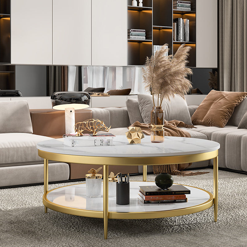 17.7" H Glam Round Slate Coffee Table Metal 4 Legs Cocktail Table with Shelf Clearhalo 'Coffee & Accent Tables' 'Coffee Tables' 'coffee_tables' 'furn' 'furn_coffee_tables' 'Furniture' 'Living Room Furniture' 5502277