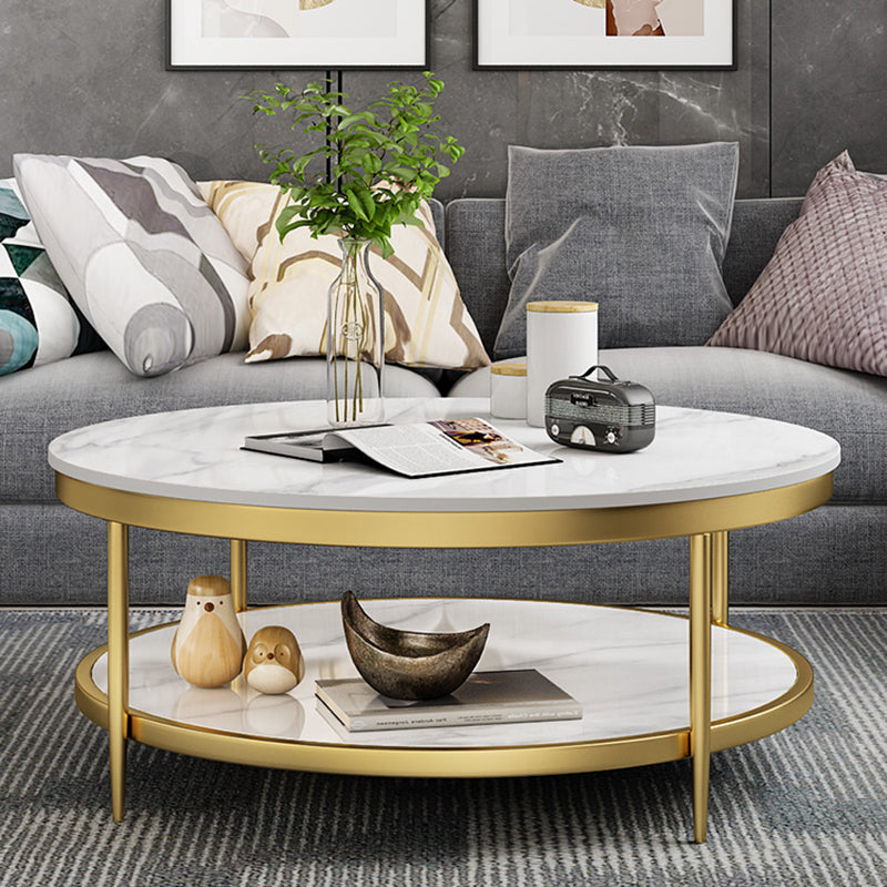 17.7" H Glam Round Slate Coffee Table Metal 4 Legs Cocktail Table with Shelf Clearhalo 'Coffee & Accent Tables' 'Coffee Tables' 'coffee_tables' 'furn' 'furn_coffee_tables' 'Furniture' 'Living Room Furniture' 5502278