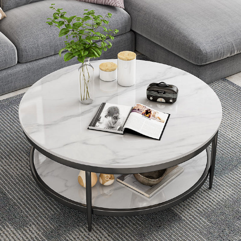 17.7" H Glam Round Slate Coffee Table Metal 4 Legs Cocktail Table with Shelf Clearhalo 'Coffee & Accent Tables' 'Coffee Tables' 'coffee_tables' 'furn' 'furn_coffee_tables' 'Furniture' 'Living Room Furniture' 5502279