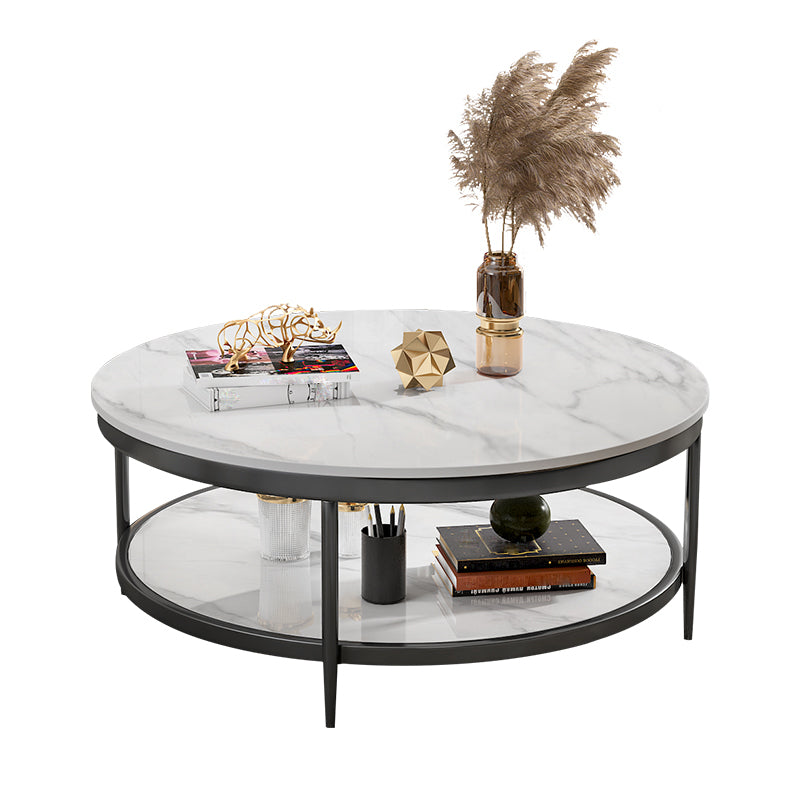 17.7" H Glam Round Slate Coffee Table Metal 4 Legs Cocktail Table with Shelf Clearhalo 'Coffee & Accent Tables' 'Coffee Tables' 'coffee_tables' 'furn' 'furn_coffee_tables' 'Furniture' 'Living Room Furniture' 5502280