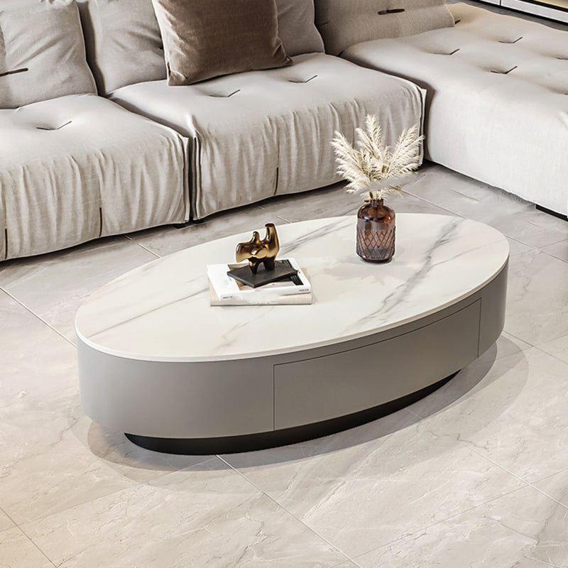 Glam 13.7" H Oval Slate Coffee Table Iron Drum Cocktail Table with Drawer Matte White Clearhalo 'Coffee & Accent Tables' 'Coffee Tables' 'coffee_tables' 'furn' 'furn_coffee_tables' 'Furniture' 'Living Room Furniture' 5502330