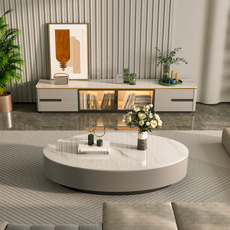 Glam 13.7" H Oval Slate Coffee Table Iron Drum Cocktail Table with Drawer Clearhalo 'Coffee & Accent Tables' 'Coffee Tables' 'coffee_tables' 'furn' 'furn_coffee_tables' 'Furniture' 'Living Room Furniture' 5502333