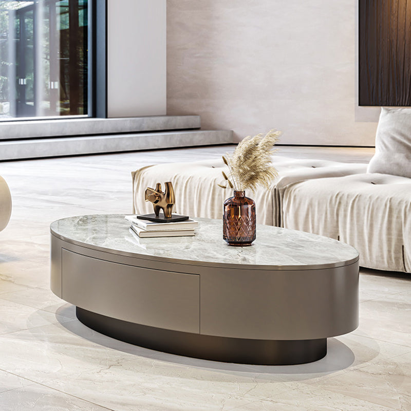 Glam 13.7" H Oval Slate Coffee Table Iron Drum Cocktail Table with Drawer Clearhalo 'Coffee & Accent Tables' 'Coffee Tables' 'coffee_tables' 'furn' 'furn_coffee_tables' 'Furniture' 'Living Room Furniture' 5502342
