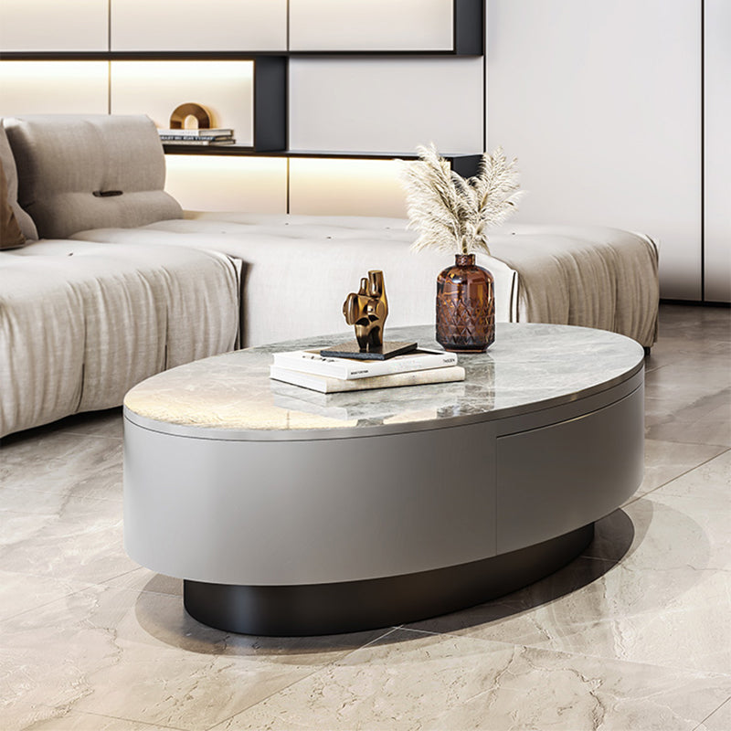 Glam 13.7" H Oval Slate Coffee Table Iron Drum Cocktail Table with Drawer Clearhalo 'Coffee & Accent Tables' 'Coffee Tables' 'coffee_tables' 'furn' 'furn_coffee_tables' 'Furniture' 'Living Room Furniture' 5502344